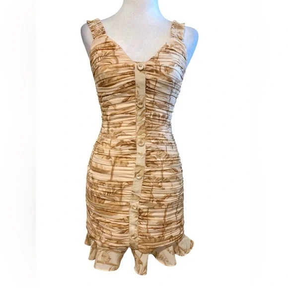 NWT Ted Baker Ruched Mini Dress Sz0 Pink Palm Tree Floral Print Ruffl,Sleeveless - Picture 4 of 9